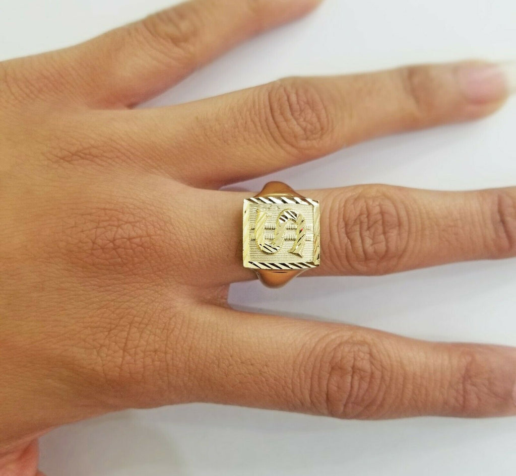 10k Mens yellow Gold dollar sign Ring "$" ,Sizable, casual square gold ring 10kt