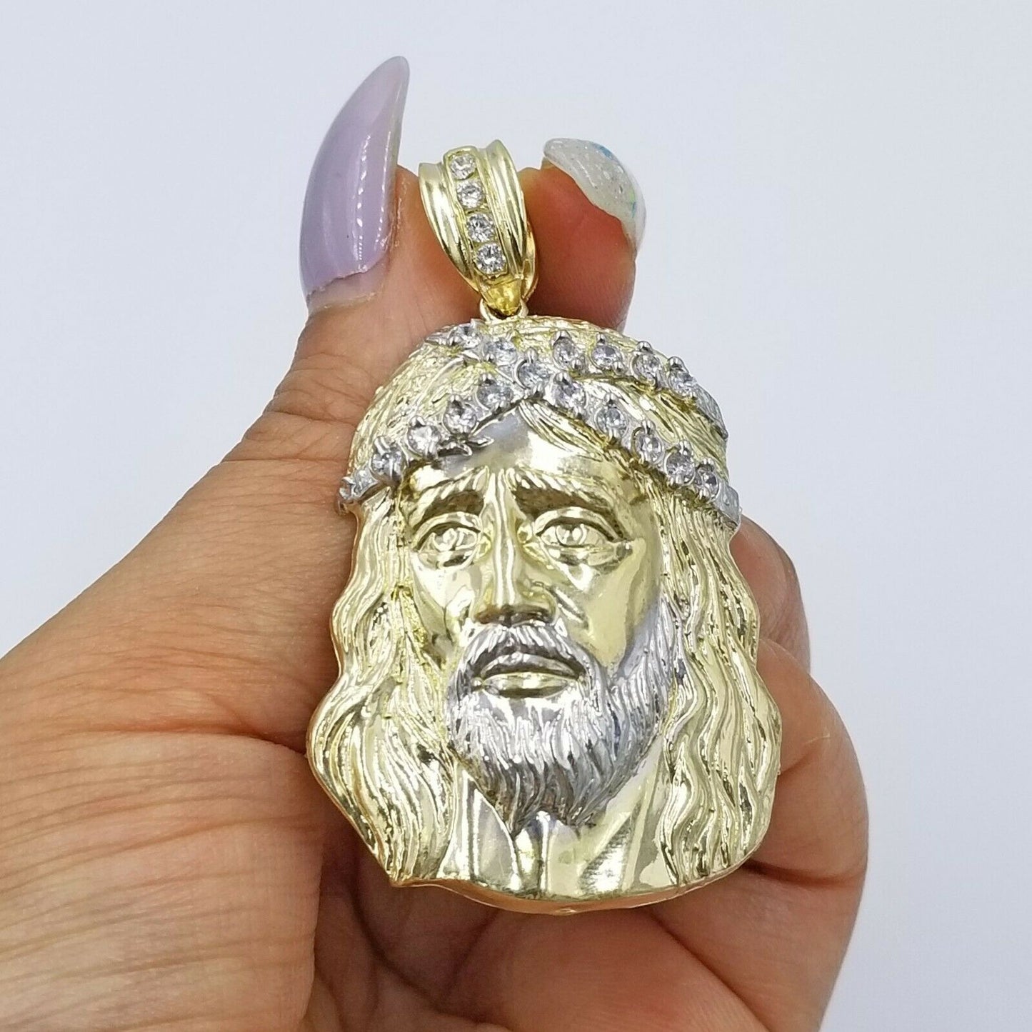 REAL 10k Yellow White Gold Jesus Head Charm Pendant Diamond Cut 2.25" 35mm Men