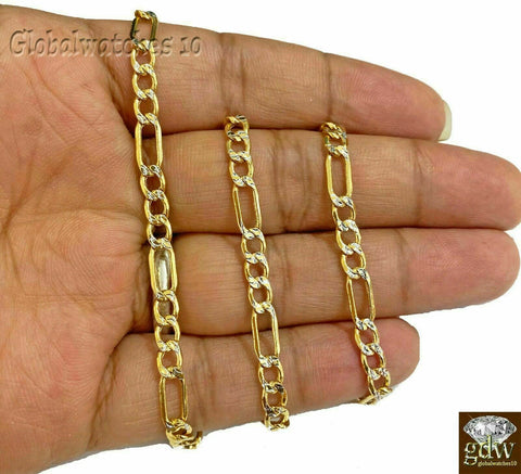 Real Gold Figaro Link Chain Necklace 24" 3mm Diamond Cuts Men Women