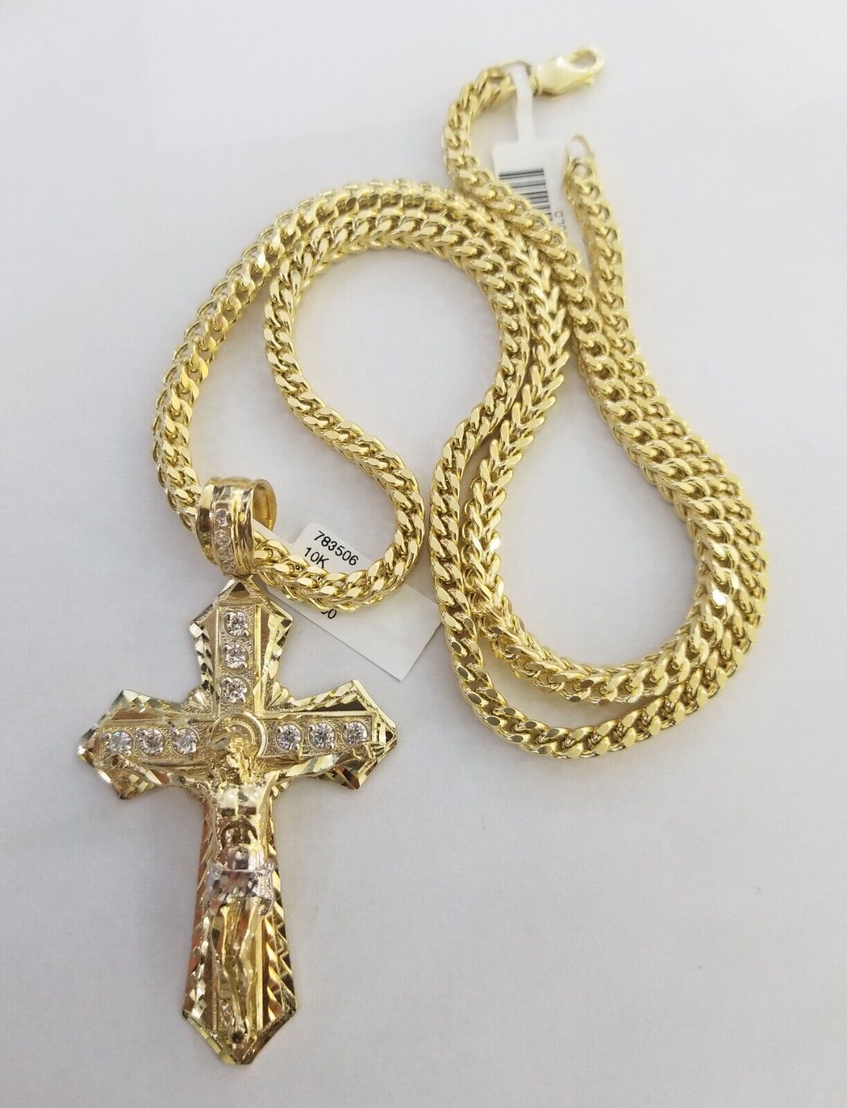 Real 10k Gold Franco chain & Cross Charm 10kt Pendant Necklace 24" 4mm SET