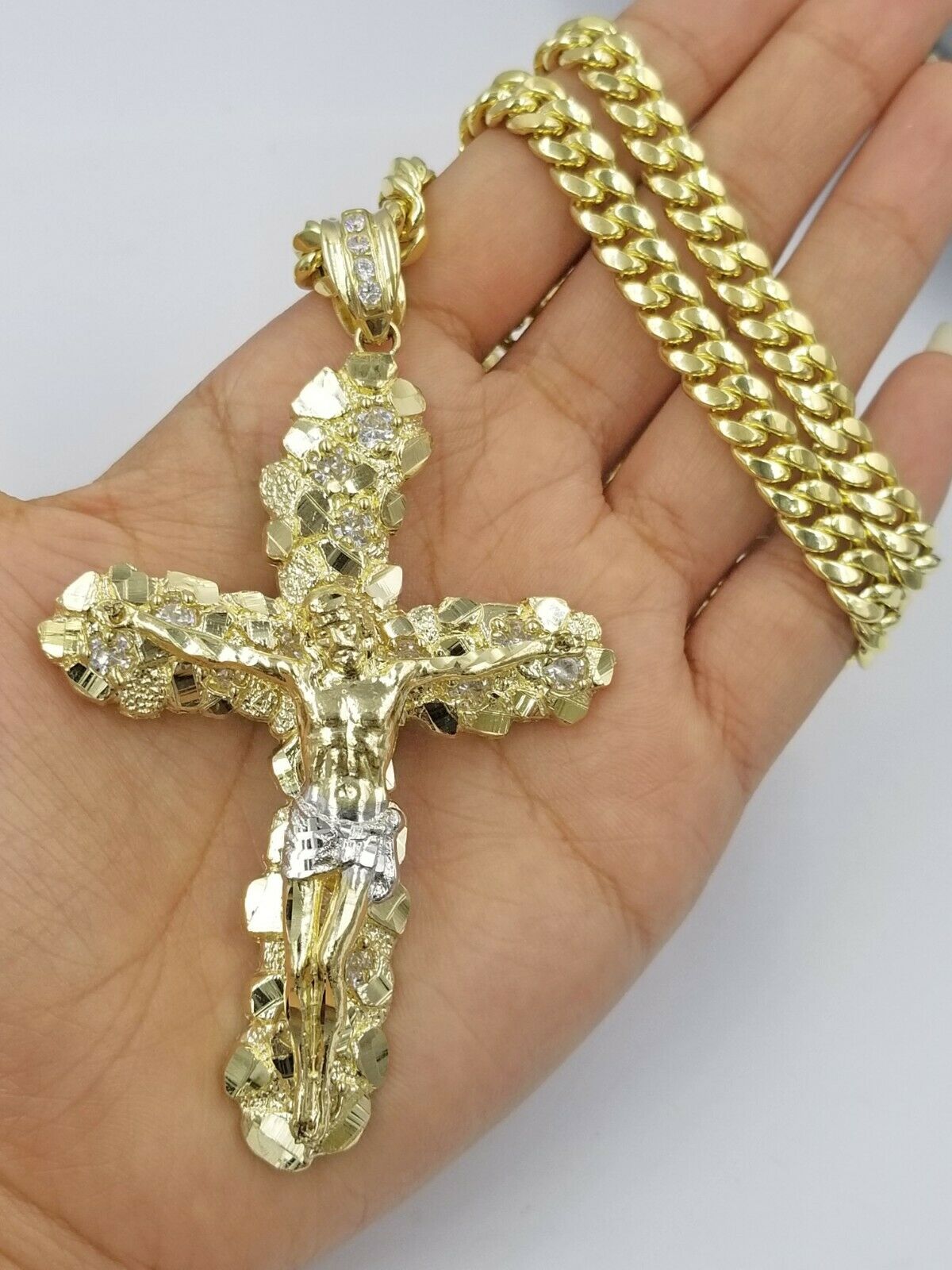 Real 10k Yellow Gold Jesus Cross Pendant with 26" Inch Cuban Chain Box Lock Set