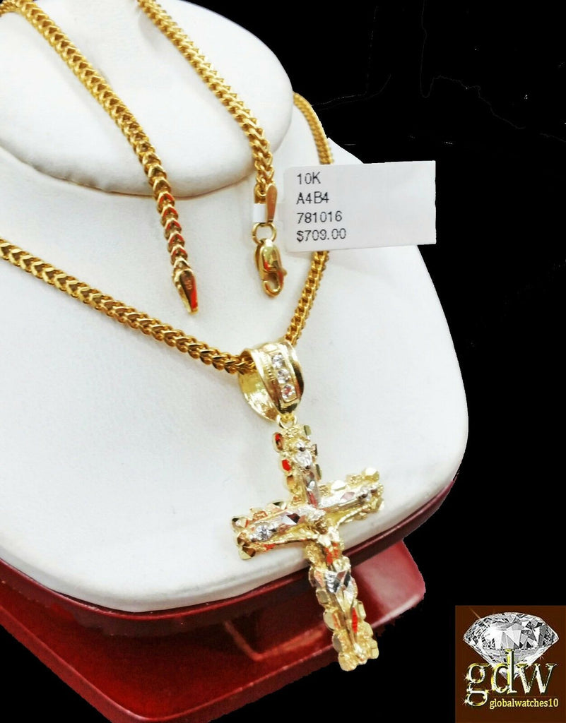Real 10k Yellow Gold Cross Jesus Charm Pendant  22" Inch Franco Chain