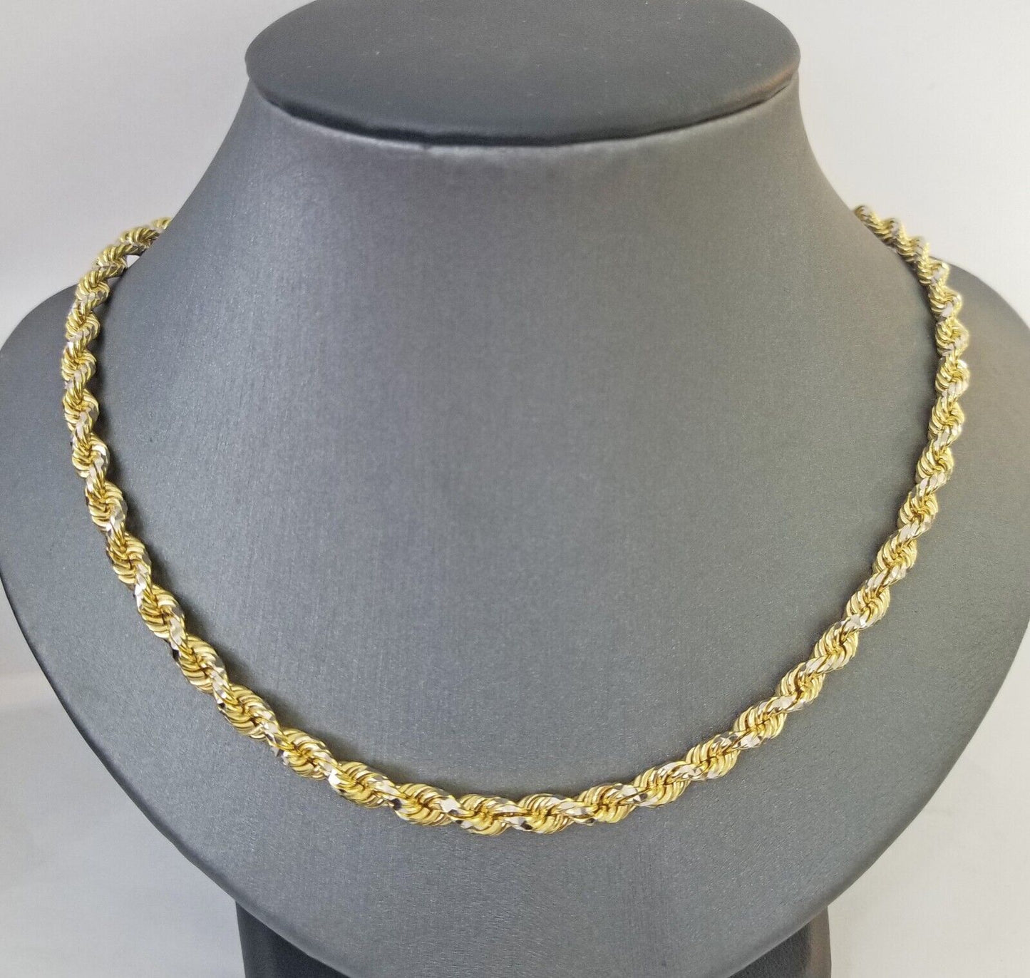 10k Solid Gold Rope Chain Necklace Real 10k Yellow Gold Diamond Cuts 5mm 20" Men