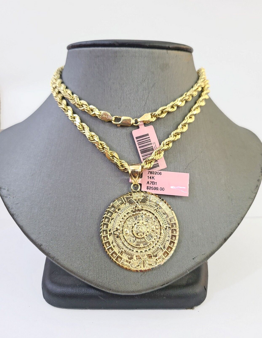 14k Yellow Gold Rope Chain & Mayan Calendar Charm SET 5mm 24 Inches Necklace