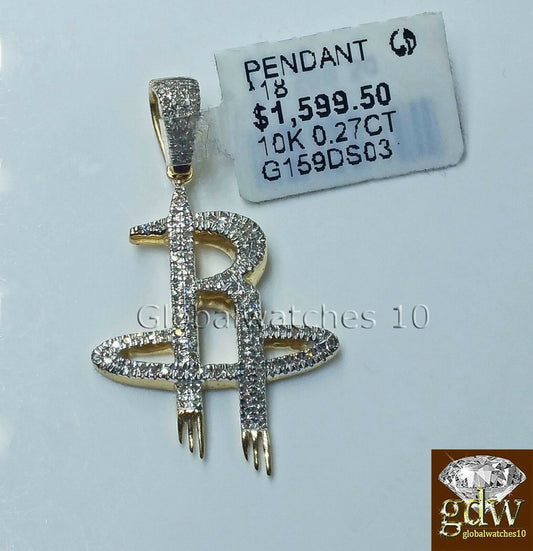 Real 10k Yellow Gold Men's Houston Rocket Logo Charm/Pendant with Real Diamond