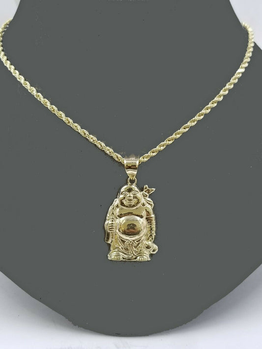 10k Gold 2.5mm Rope Chain Laughing Buddha Charm Pendant in18 20 22 24 26 28 Inch