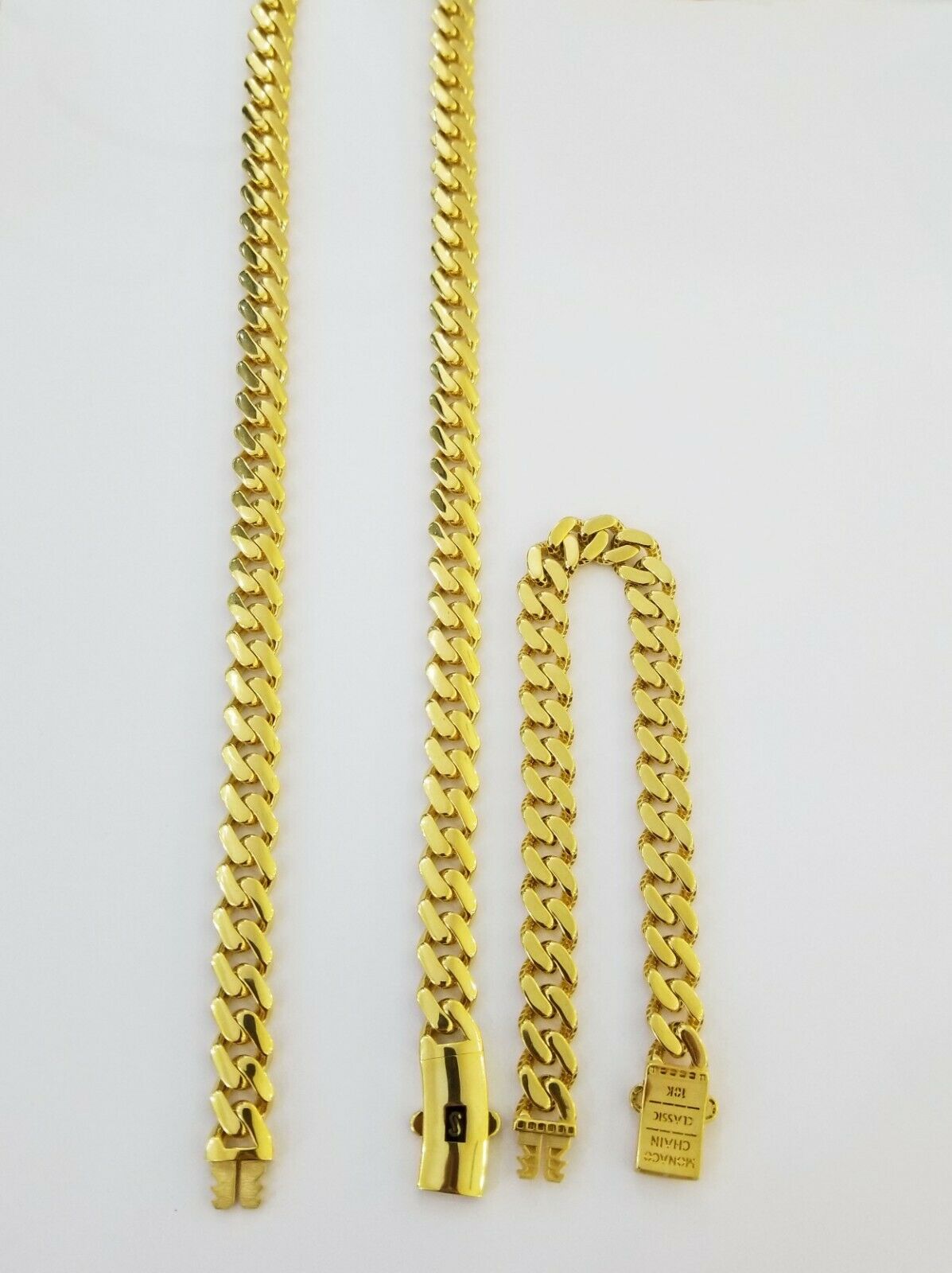 Real 10k Gold Miami Cuban Link Royal 8mm Monaco chain and Bracelet Set ,Necklace