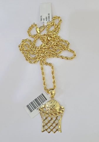 10k Gold Basketball Goal Pendant Rope Chain 3mm 24'' Necklace Set Yellow Genuine