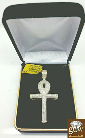 REAL 10k Yellow Gold Cross Ankh Charm Real Diamond & 24 Inch Rope Chain Necklace