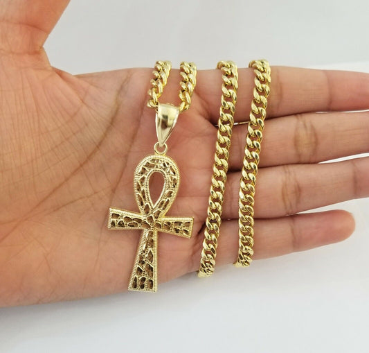 Real 10k Yellow Gold Men Ankh Cross Charm 20" Inch 6mm Miami Cuban Chain