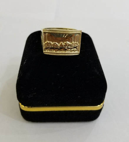 10k Real Yellow Gold Last Supper Ring Men's Ring, Size 10, Sizable cross design