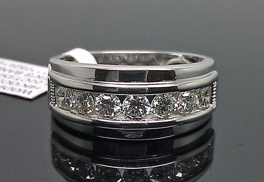 14K Men White Gold Band With 7 Brilliant Round Diamonds 1CT