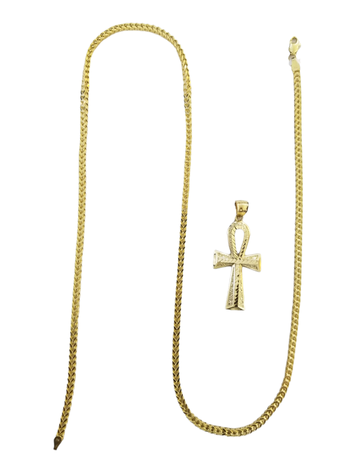 10K Gold Ankh Cross Pendant 4mm Franco Chain 22 Inch  Egyptian Charm