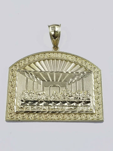 10K Jesus Yellow Gold Last supper Diamond Cut Charm Pendant, 2 Inches, Real.