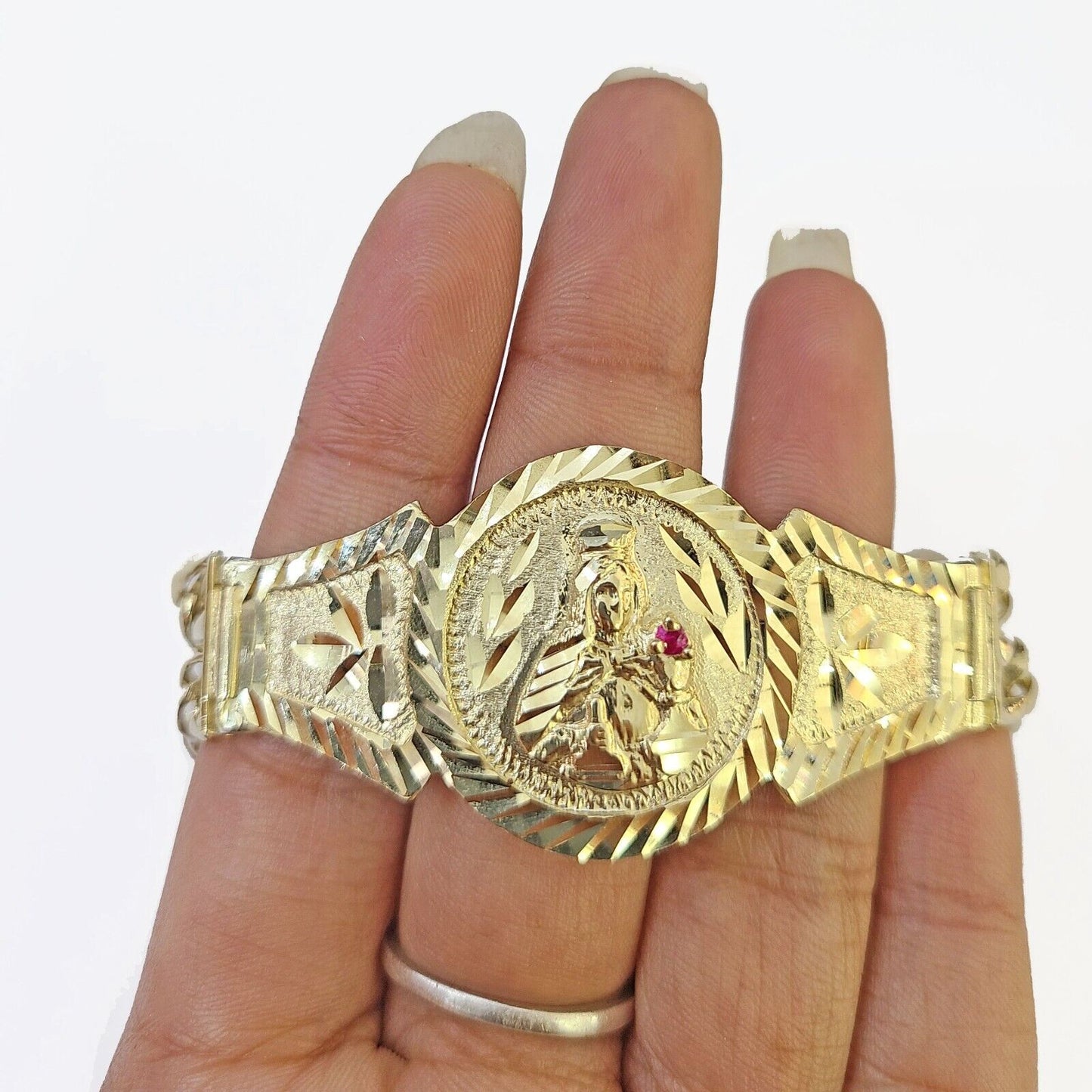 10k Gold Saint Barbara Miami Cuban Bracelet Size 8.25" Inches 15mm 10kt Mens