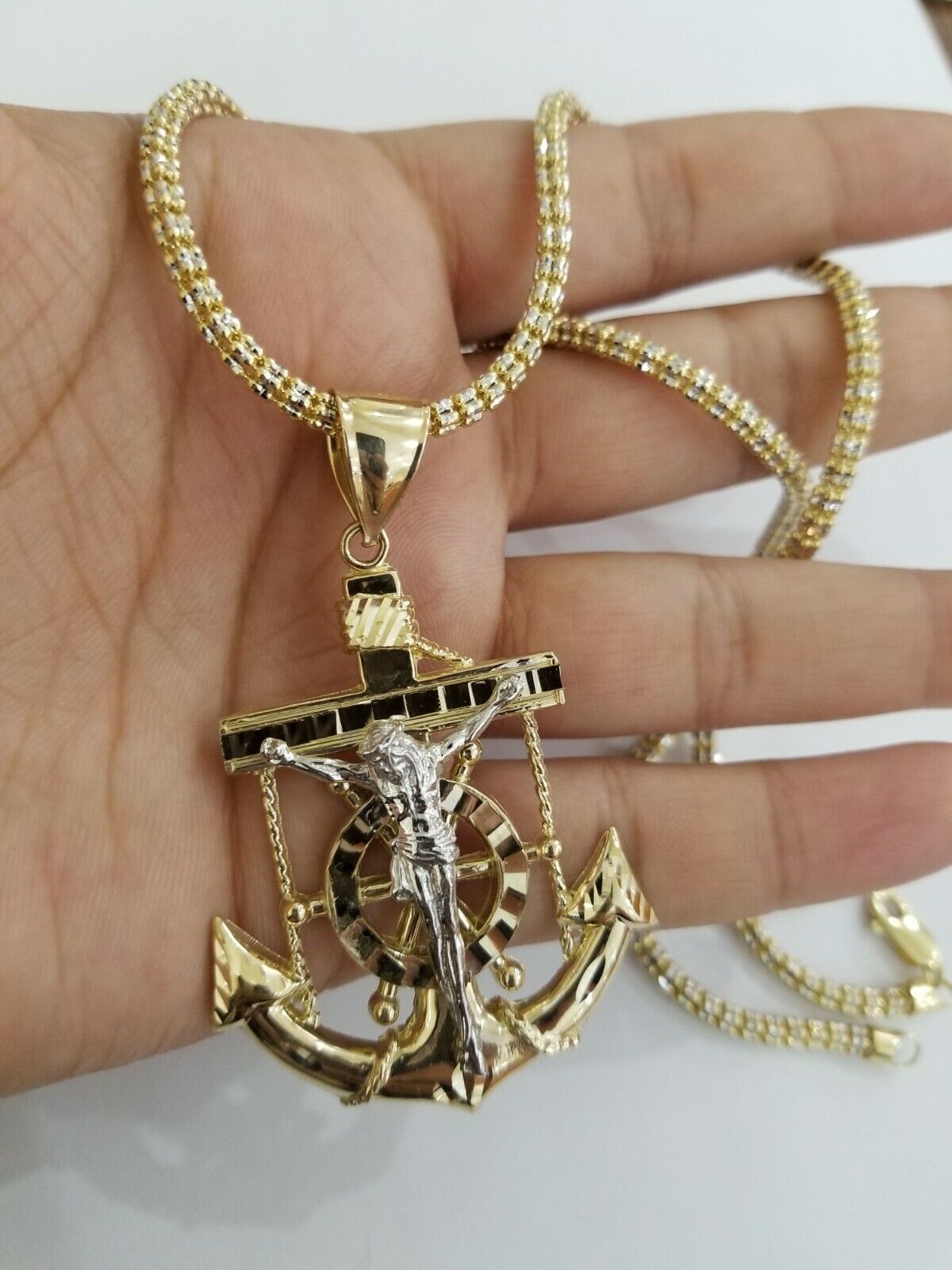 REAL 14k Gold Charm Jesus Anchor Cross Ankh Pendant Diamond Cut Yellow Men Women