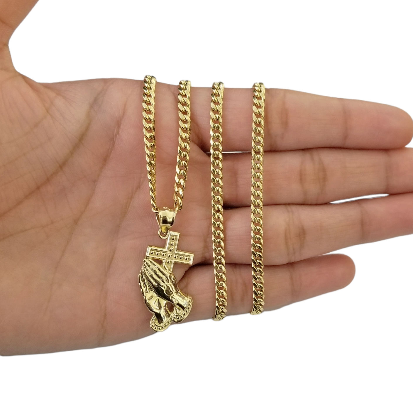 10K Yellow Gold Praying Hand Cross Pendant Charm 4mm Cuban Link Chain 26" Inch