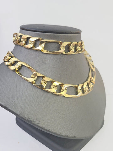 Real 10K Yellow Gold Figaro Link Chain 13mm 26" Necklace Lobster