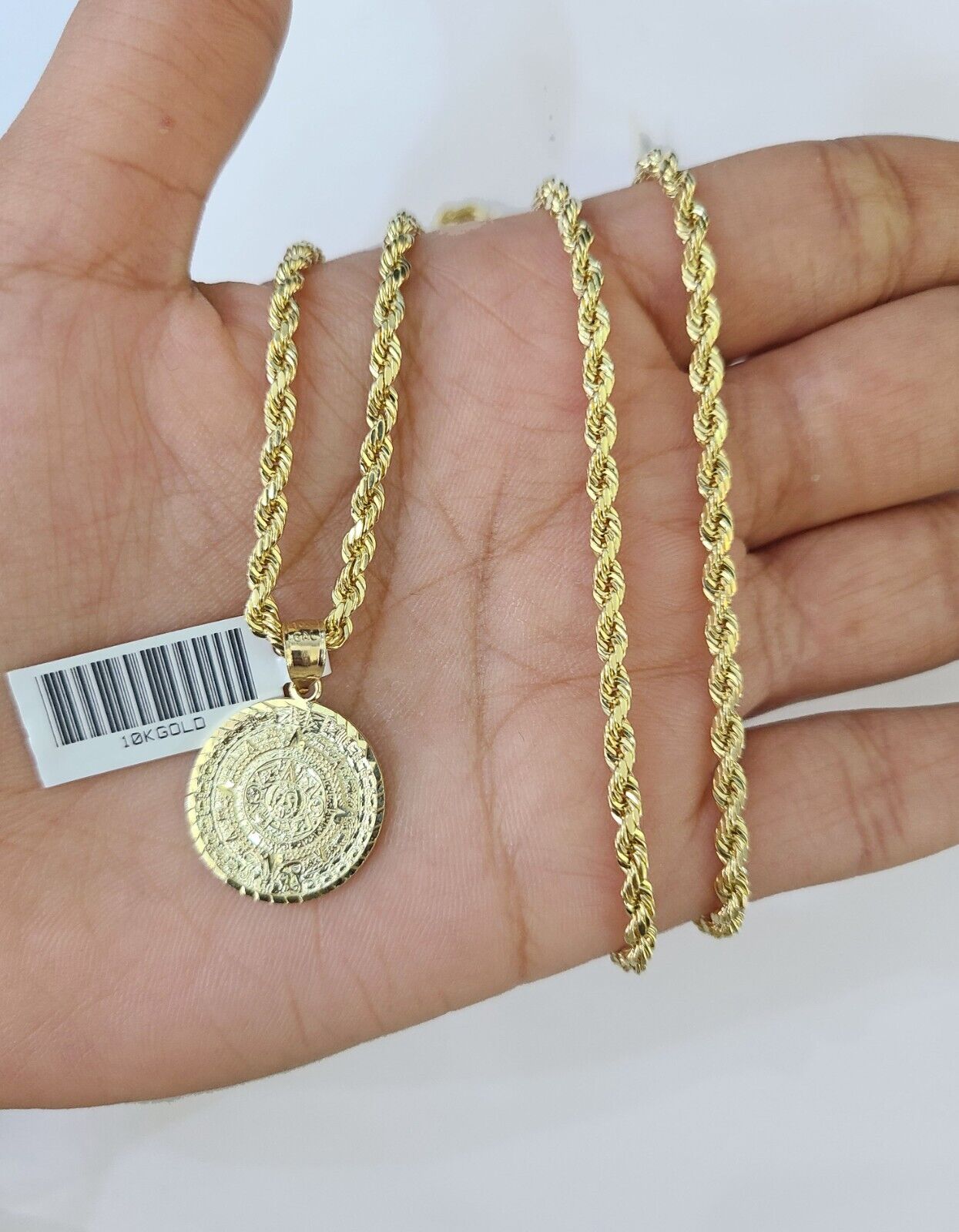 10k Gold Mayan Calendar Pendant Rope Chain 3mm 26'' Necklace Set Real Yellow