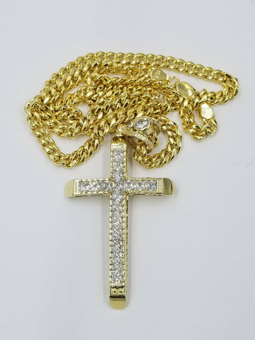 10k Yellow Gold Cross Charm pendant with 5mm Miami Cuban Diamond Cut Jesus REAL