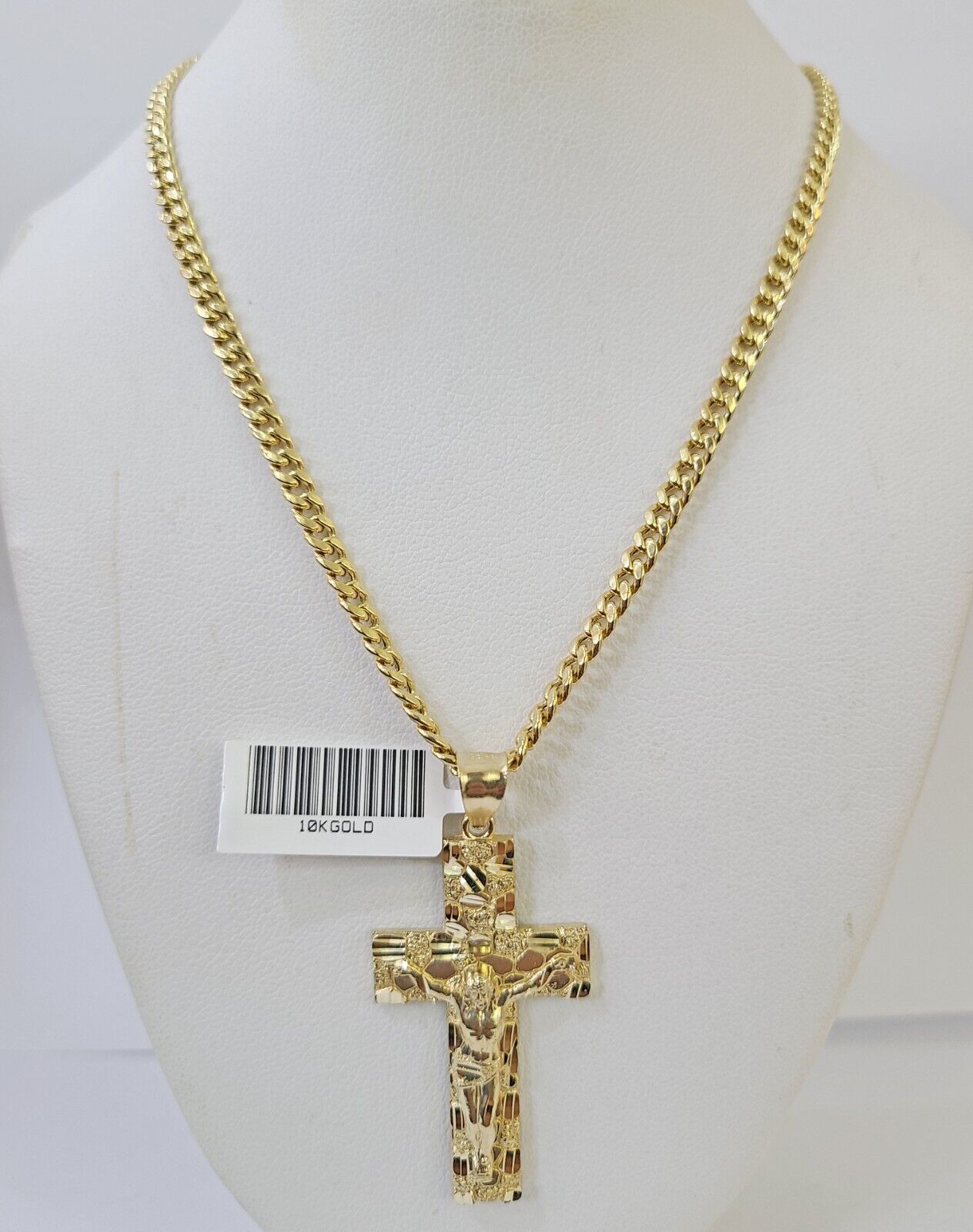 10k Nugget Cross Charm Miami Cuban Chain 4mm 22 inch SET Yellow Gold