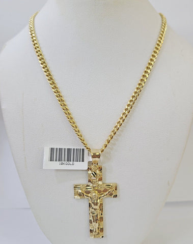 10k Nugget Cross Charm Miami Cuban Chain 4mm 22 inch SET Yellow Gold