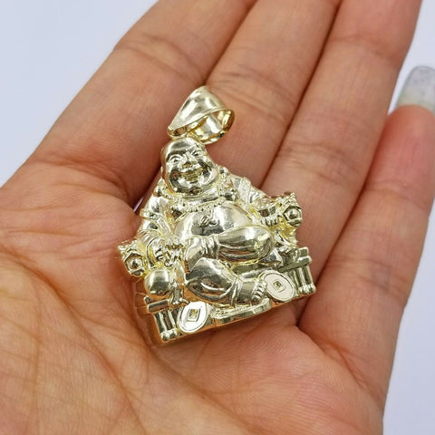 REAL 10k Yellow Gold Laughing Buddha Charm Pendant Happy 1.5" 30mm For Men's