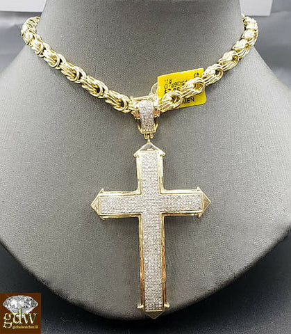 Real 10k Gold Byzantine Chain Necklace 30" &Genuine 1.20CT Diamond Cross pendant