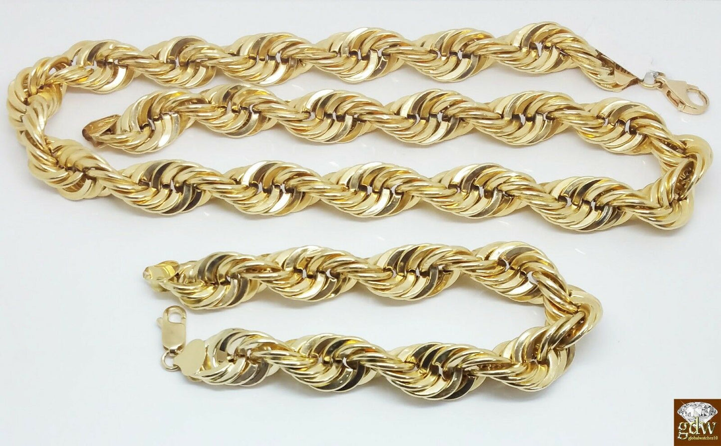 Real 10k Yellow Gold 15mm Rope 24 Inch chain necklace &10 Inch Bracelet  Men's N