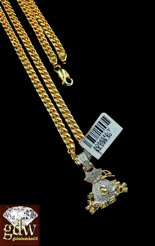 Real 10k Yellow Gold & Diamond Money Bag Dollar Charm with 26" Miami Cuban Chain