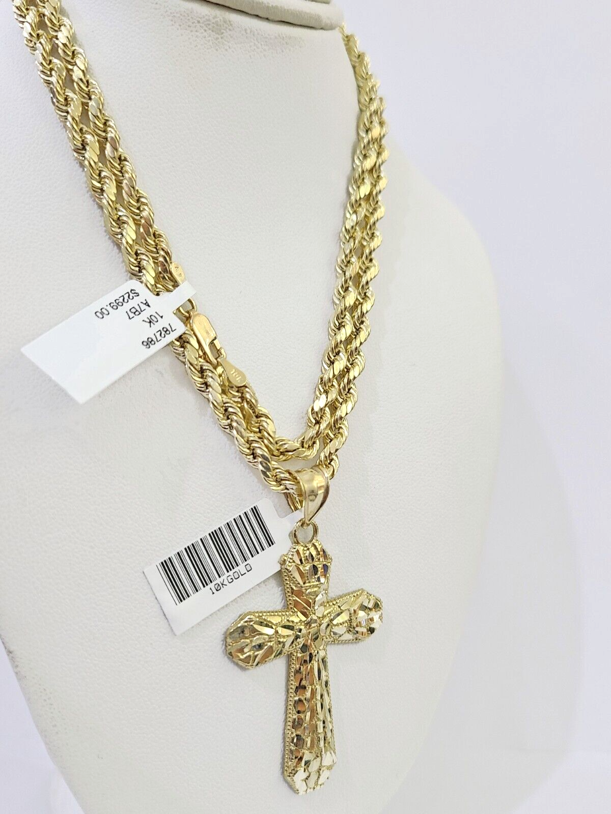 10k Gold Rope Chain & Cross Charm Pendent SET 4mm 24 Inches Necklace