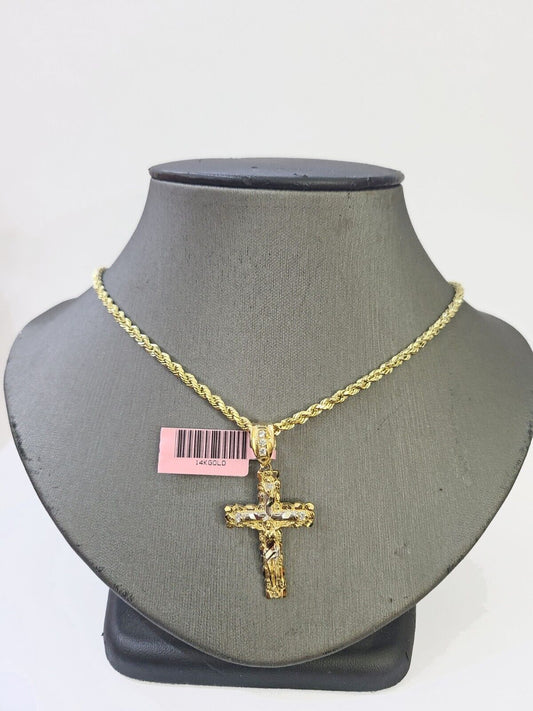 14k Yellow Gold Rope Chain & Jesus Nugget Cross Charm SET 4mm 16 Inches Necklace