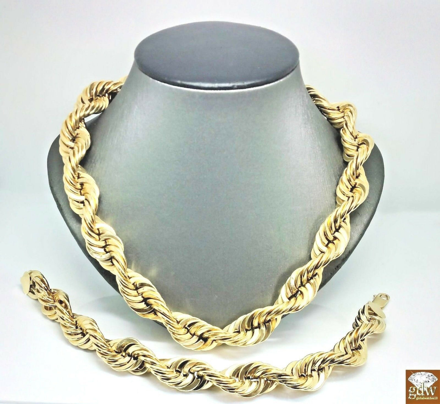 Real 10k Yellow Gold 15mm Rope 24 Inch chain necklace &10 Inch Bracelet  Men's N