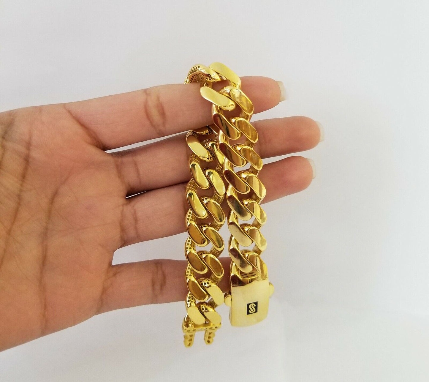 10K Yellow Gold Monaco Bracelet 7.5" inch 15mm Cuban link Hand chain