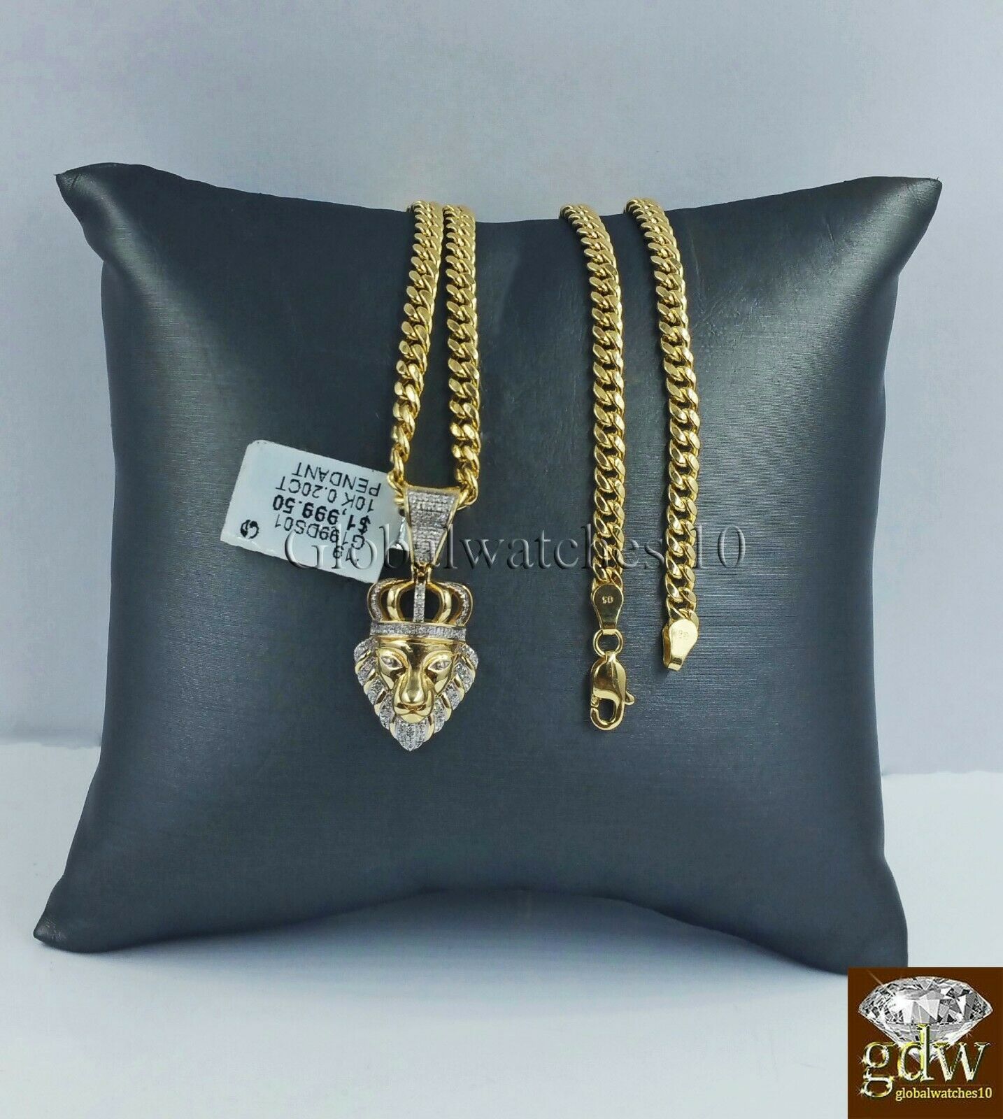 10k Gold & Diamond Lion's Head Charm with 26" Inch Miami Cuban Chain, Men, Real.