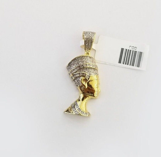 Real Diamond Egyptian Queen Nefertiti Pendant 10K Yellow Gold Charm Men