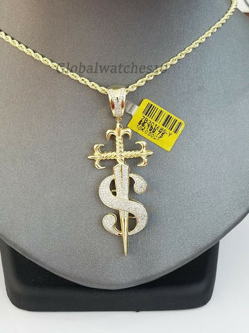 10k Yellow Gold Diamond Solid Dollar Sign Sword Charm Pendant with 2.5 inch Long