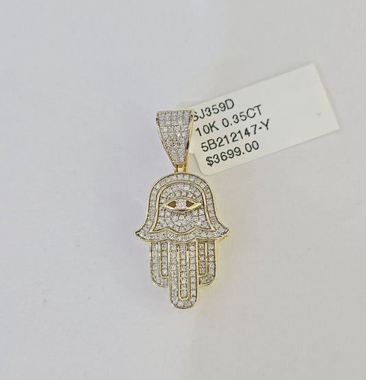 10k Diamond Hamsa Charm Miami Cuban Chain 4mm 22 inch SET Yellow Gold