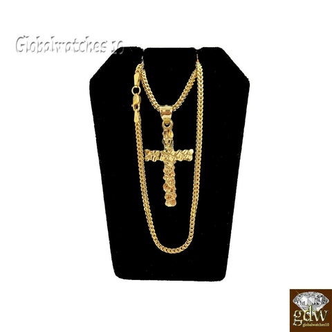 10k Gold Cross Charm Pendant with Franco Chain in 20,22,24,26 Inch Real10k Gold
