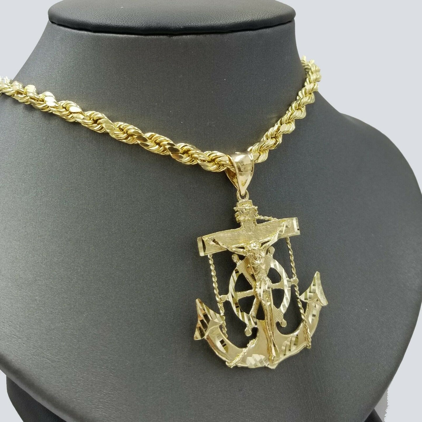 REAL 10k Gold Jesus Anchor Charm Pendent 6mm Rope Chain Diamond Cut 20 22 24 26