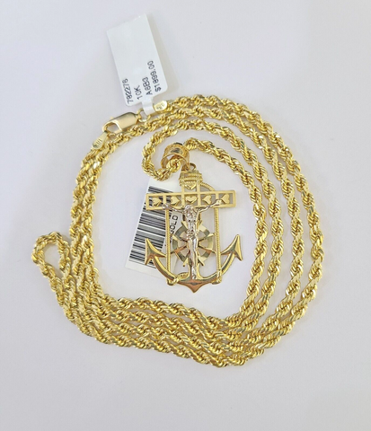 10k Gold Anchor Jesus Pendant Rope Chain 3mm 20'' Necklace Set Diamond Cut