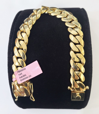 14K Solid Yellow Gold Miami Cuban Bracelet Box Clasp 7.5" Inch 12mm Link