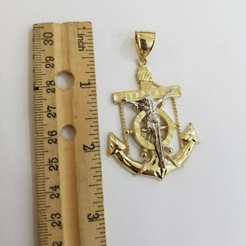 REAL 14k Gold Charm Jesus Anchor Cross Ankh Pendant Diamond Cut Yellow Men Women