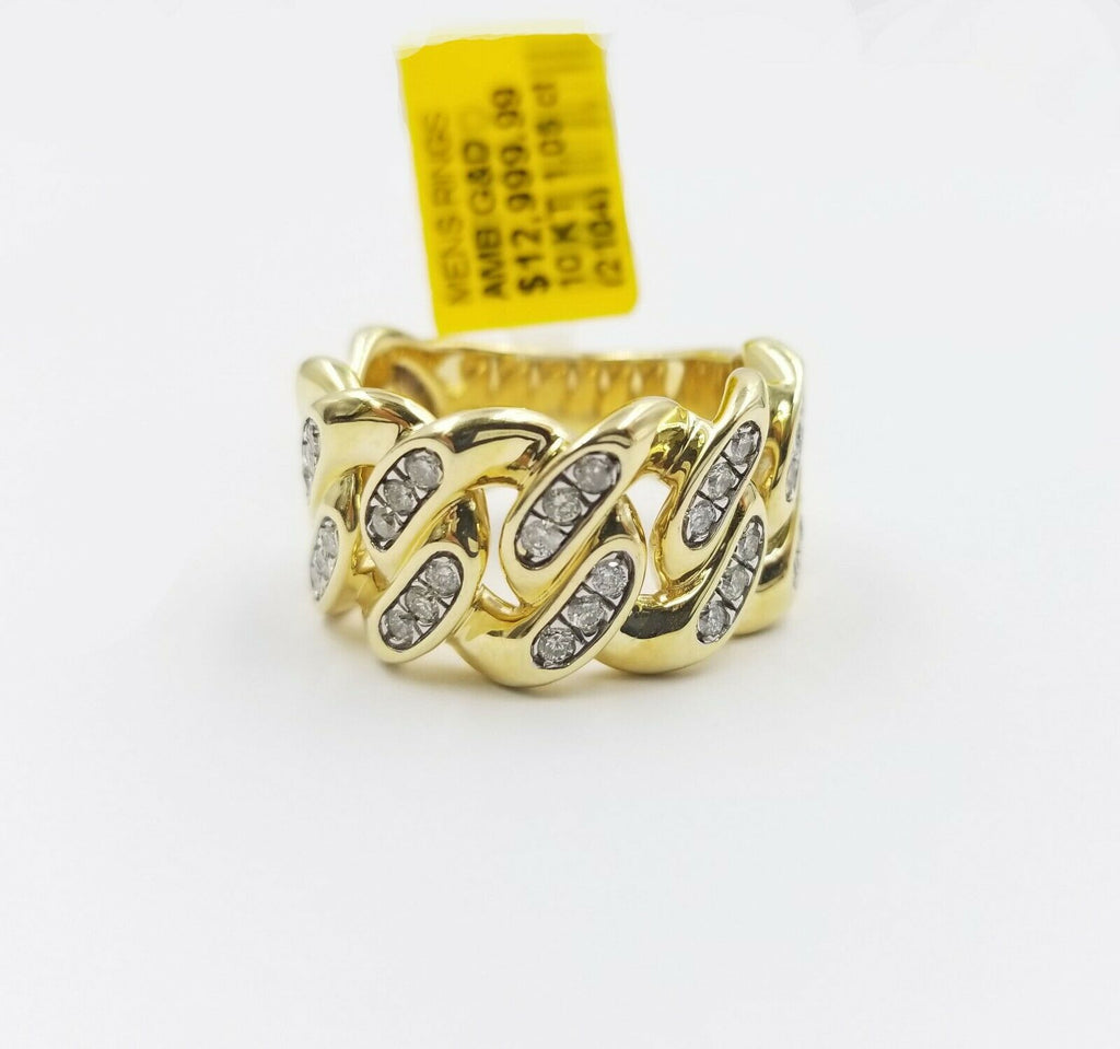 Mens 1CT Natural Diamond 10K Yellow Gold Ring Cuban Link Band Sizable REAL SOLID
