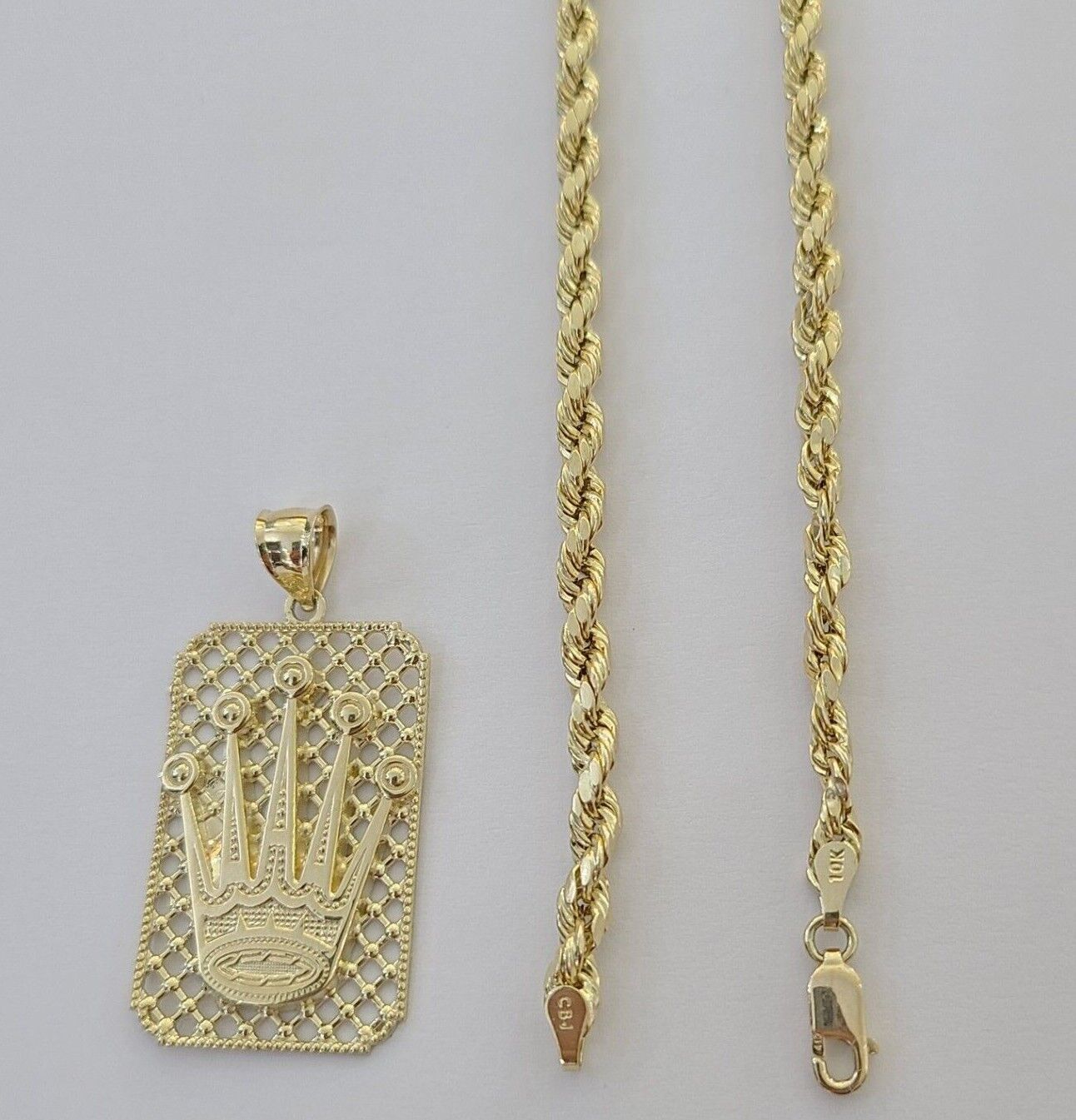 10K Yellow Gold Crown Pendent 4mm Rope Chain 18" 20" 22"24"26" Inch