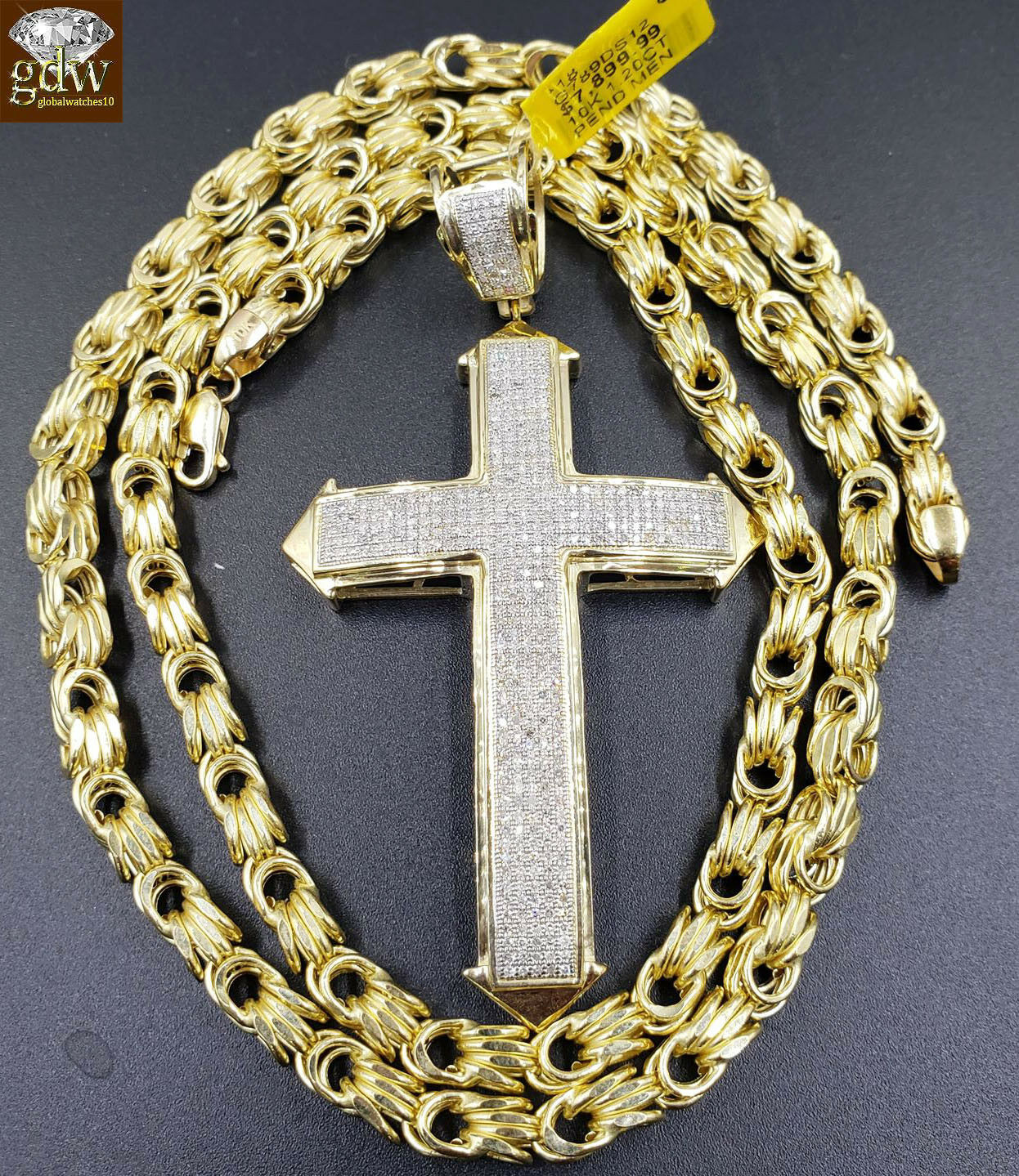 Real 10k Gold Byzantine Chain Necklace 30" &Genuine 1.20CT Diamond Cross pendant