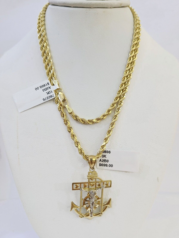10k Gold Anchor Jesus Pendant Rope Chain 3mm 24'' Necklace Set Diamond Cut