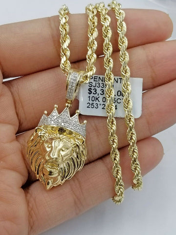 REAL 10k Gold & Diamond Lion Head Charm 3mm Rope Chain 24 Inch Men's Women