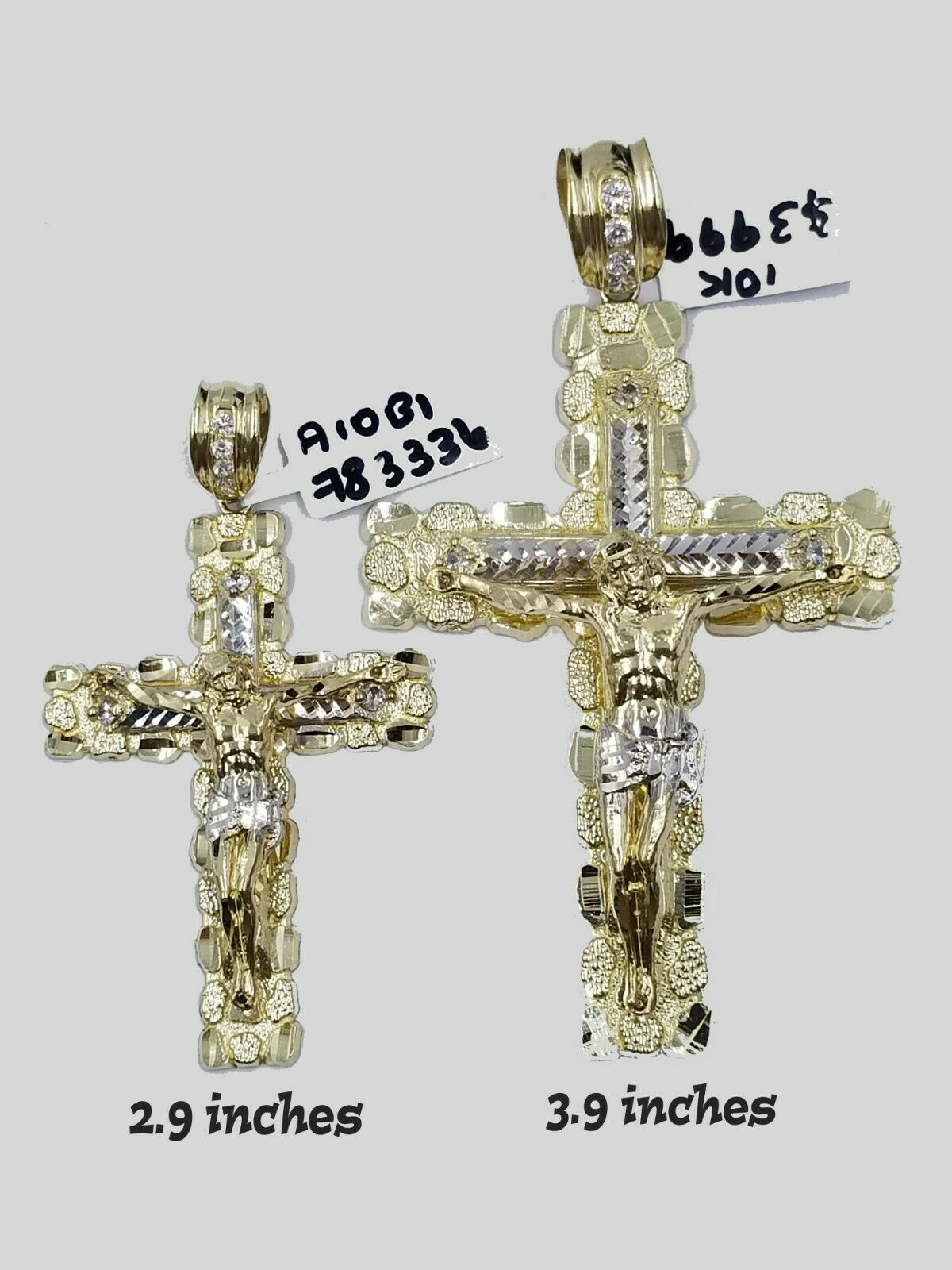 Real 10k Yellow Gold Cross Pendant Nugget Jesus Charm 2.9" 3.9" For Thick Chain