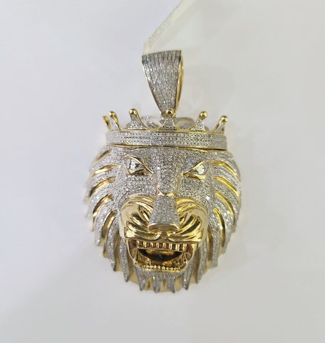 Real 10K Roaring Lion Head Pendant Made With Yellow Gold and Genuine Diamonds